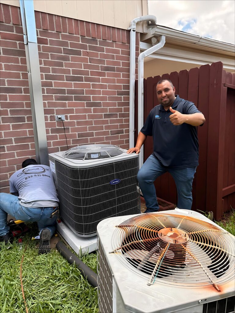 Technician from Global Air Service performing professional HVAC maintenance onsite