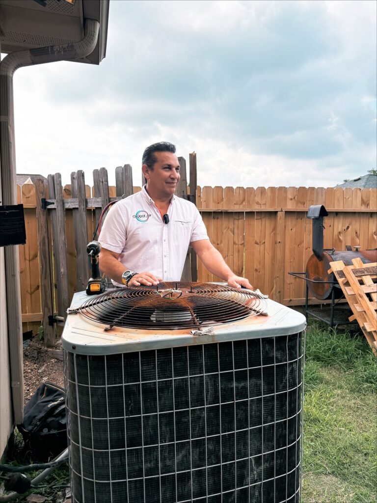 Global Air Service technician repairing family home AC unit, trusted local service