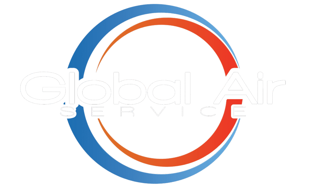 Technician cleaning and scaling white air conditioning unit for Global Air Service